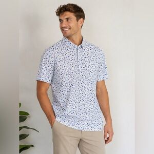 1764 Golf Polo Shirt Mens Large White Blue BBQ Grill Print Performance Stretch